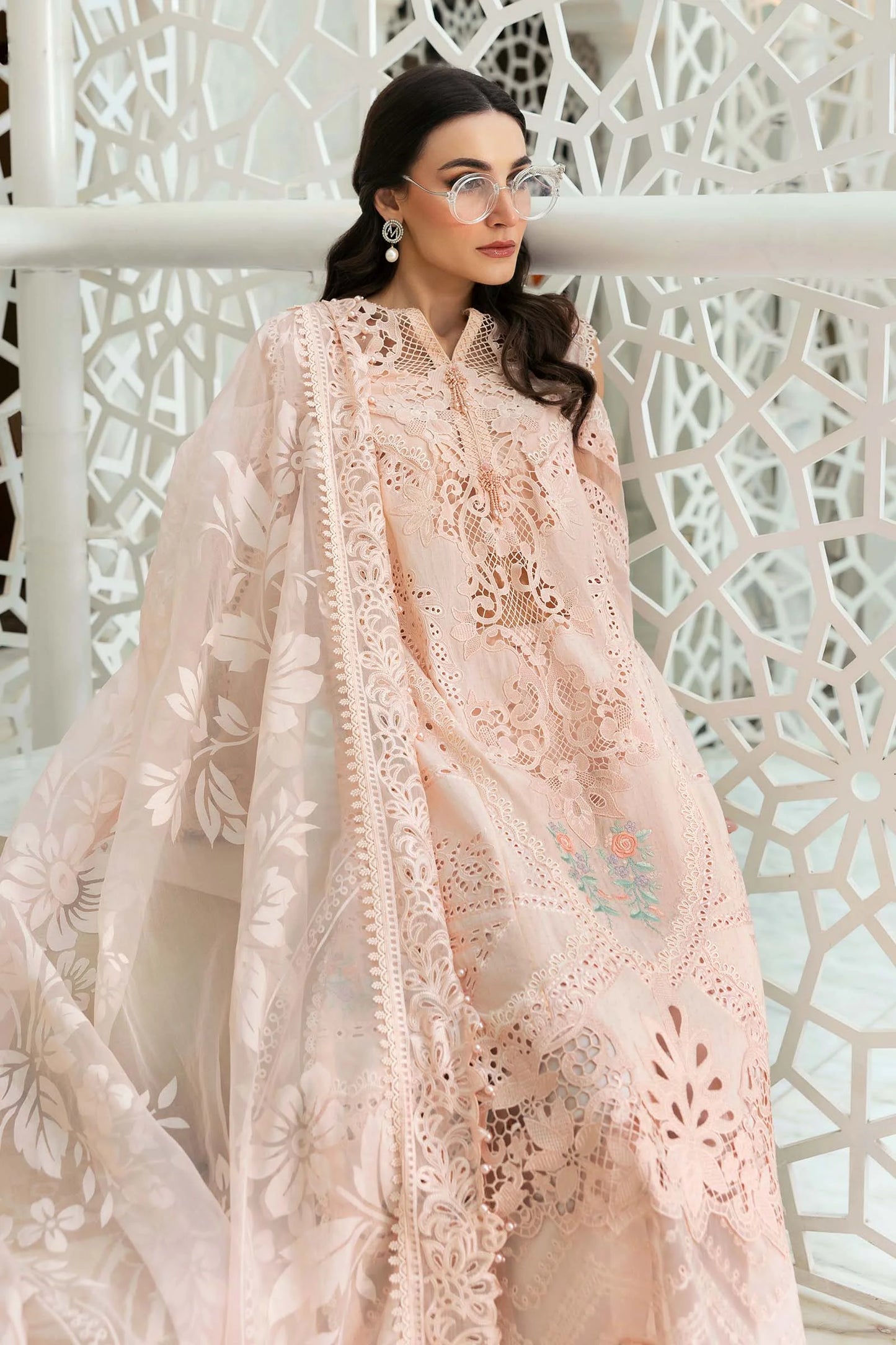 3-Piece Embroidered Lawn Dress in Peach Color with Printed Sahfoon Dupatta