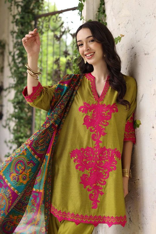 Leafy Green Embroidered Lawn Outift with Printed Chiffon Dupatta