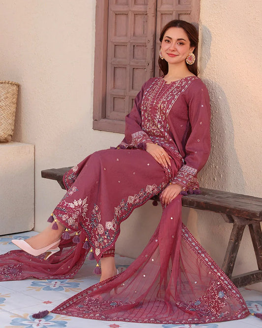 3-Piece Embroidered Dress with Printed Chiffon Dupatta