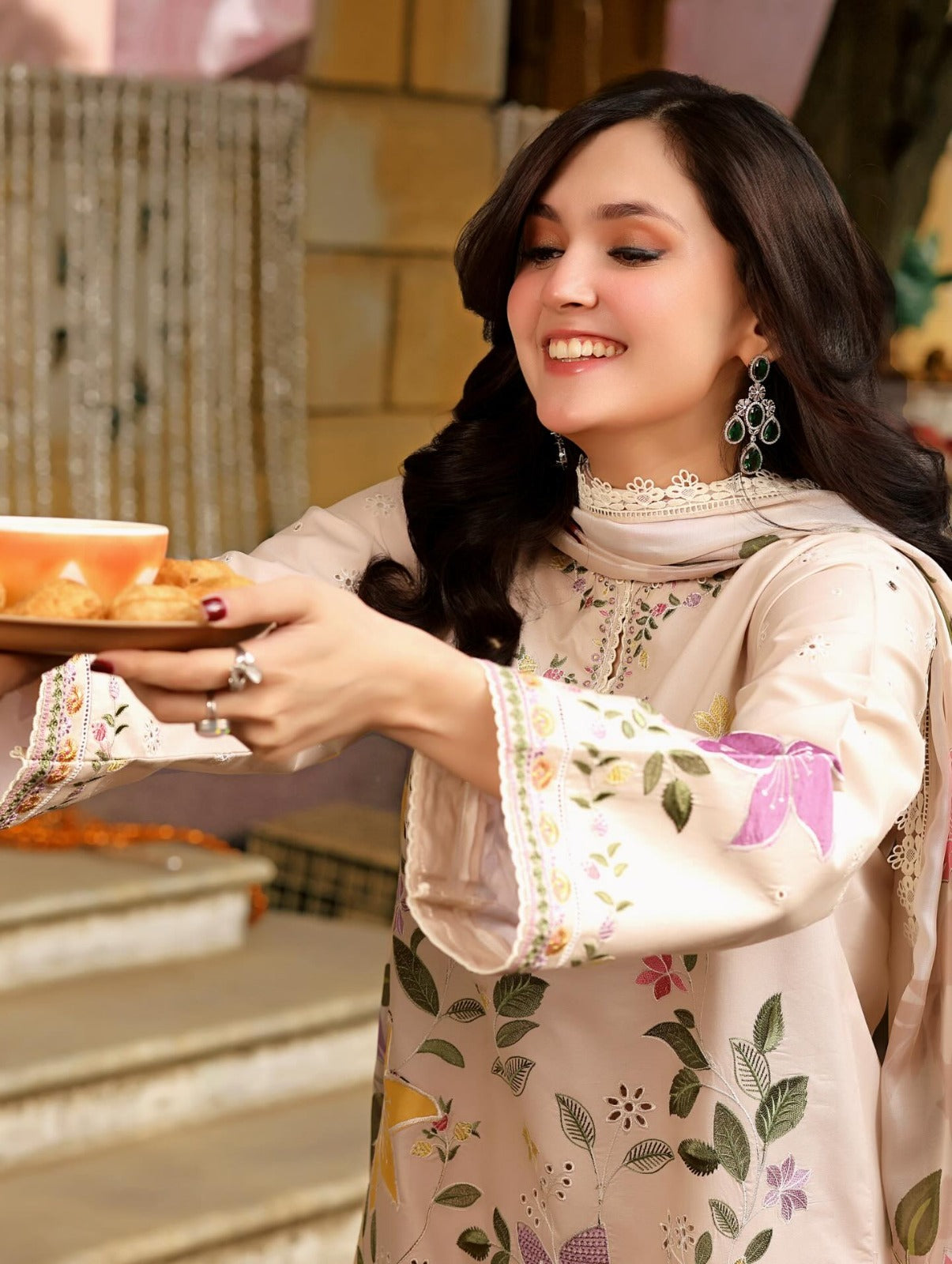 Skin Embroidered Dress 3pc