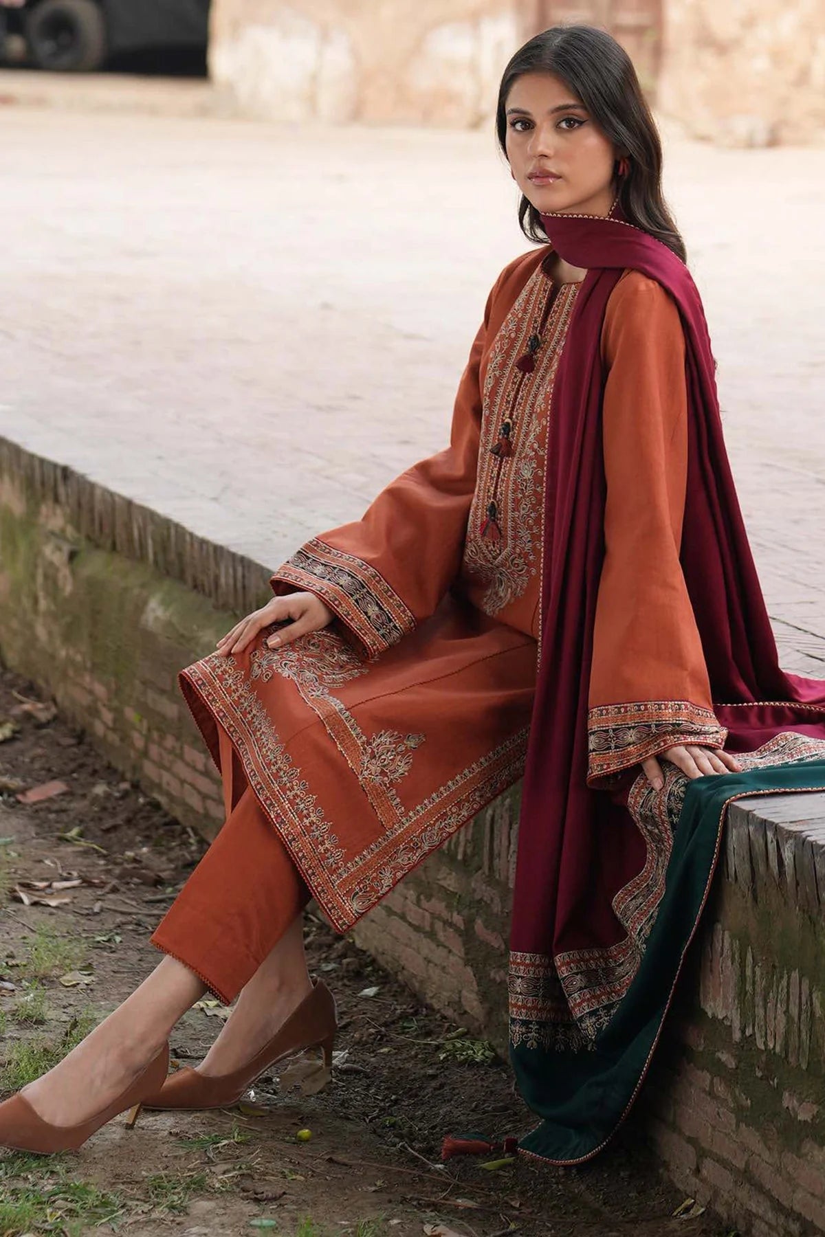 3-Piece Embroidered Dress with Printed Dupatta | Traditional Design