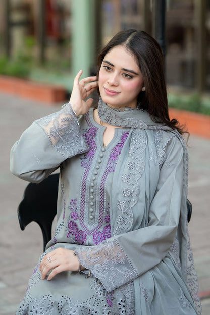 3-Piece Cool Toned Gray Outfit with Minimal Magenta Embroidery with Chikkankaari work