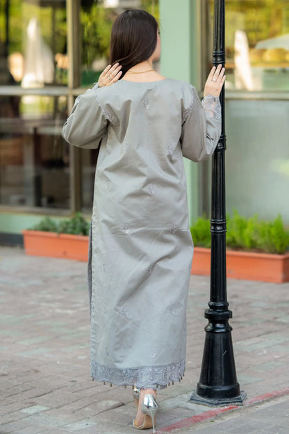 3-Piece Cool Toned Gray Outfit with Minimal Magenta Embroidery with Chikkankaari work