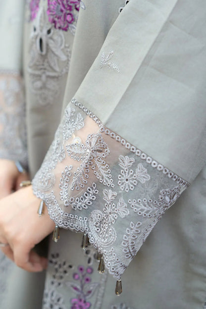 3-Piece Cool Toned Gray Outfit with Minimal Magenta Embroidery with Chikkankaari work