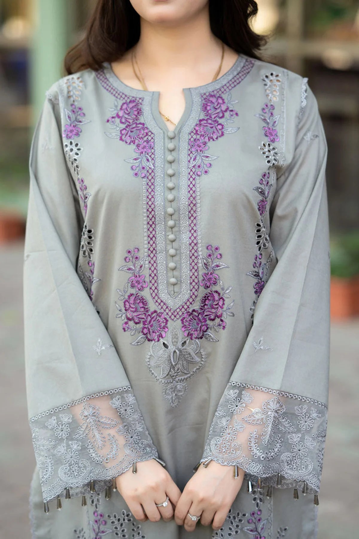 3-Piece Cool Toned Gray Outfit with Minimal Magenta Embroidery with Chikkankaari work