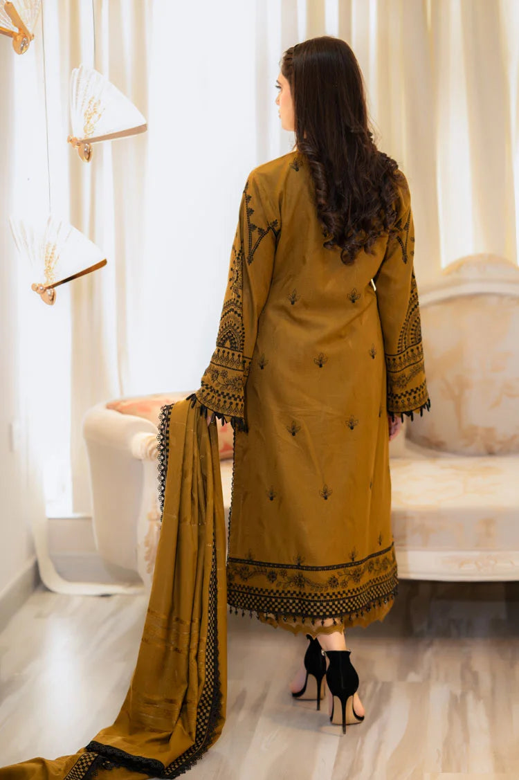 3-Piece Embroidered Dark Mustard Colored Dress with Bamber Sahfoon Dupatta