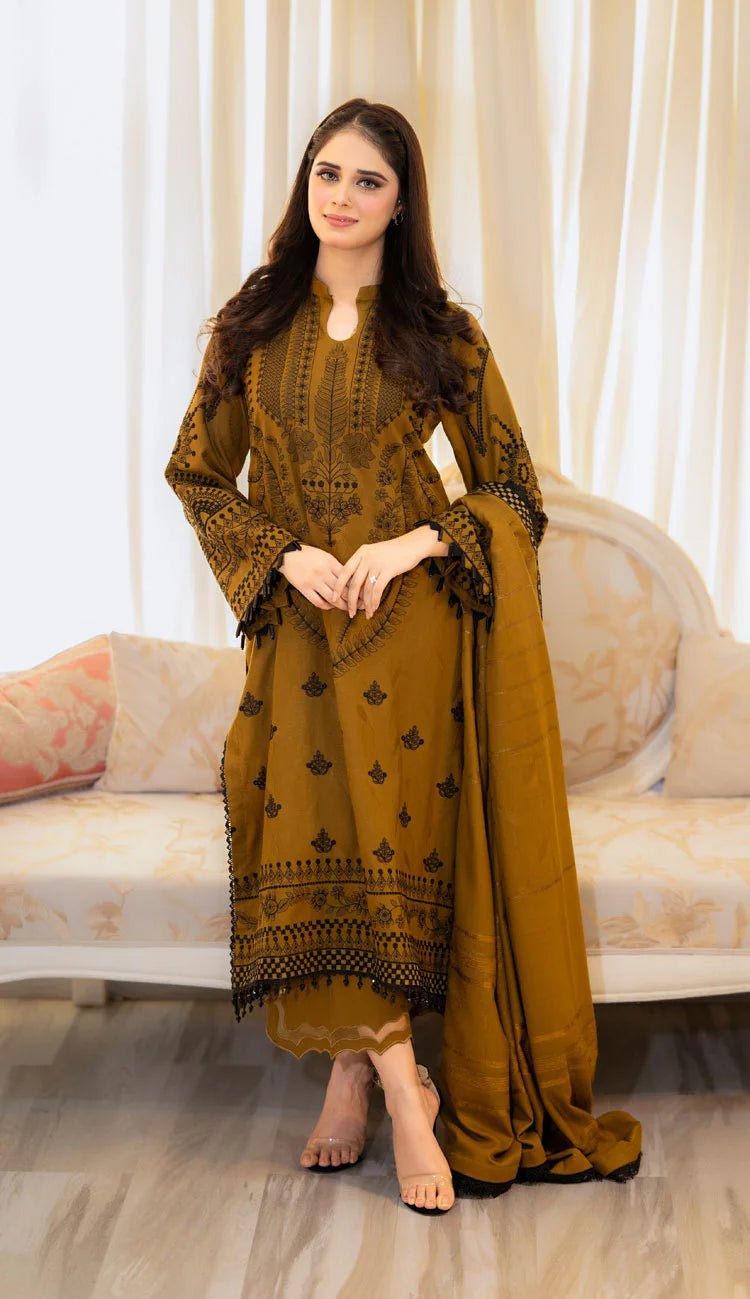 3-Piece Embroidered Dark Mustard Colored Dress with Bamber Sahfoon Dupatta