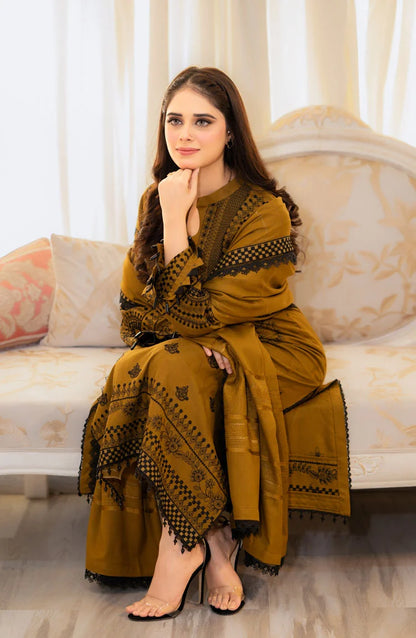 3-Piece Embroidered Dark Mustard Colored Dress with Bamber Sahfoon Dupatta