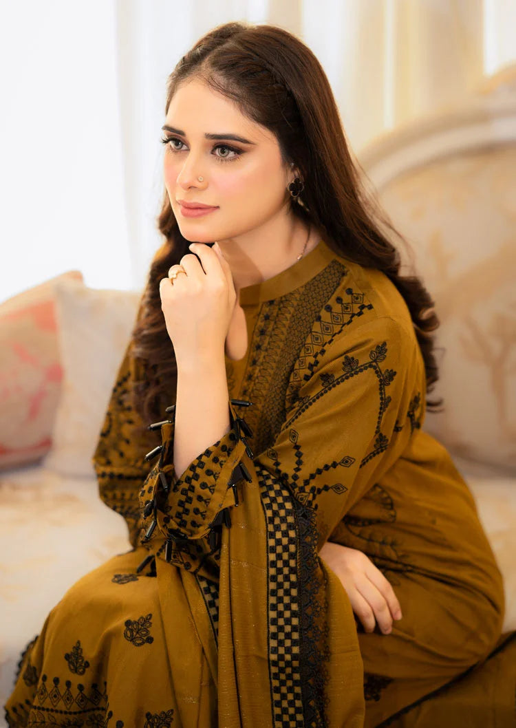 3-Piece Embroidered Dark Mustard Colored Dress with Bamber Sahfoon Dupatta