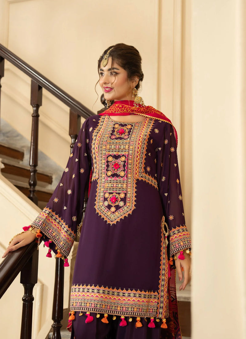 3-Piece Traditional Luxury Embroidered Outfit with Embridered Sleves and Trouser