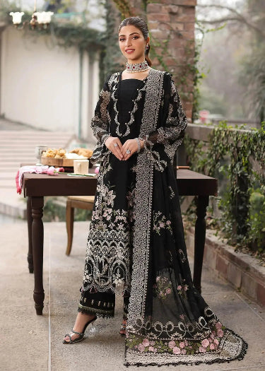 Woman in a black and white embroidered traditional | Summer Lawn Outfit