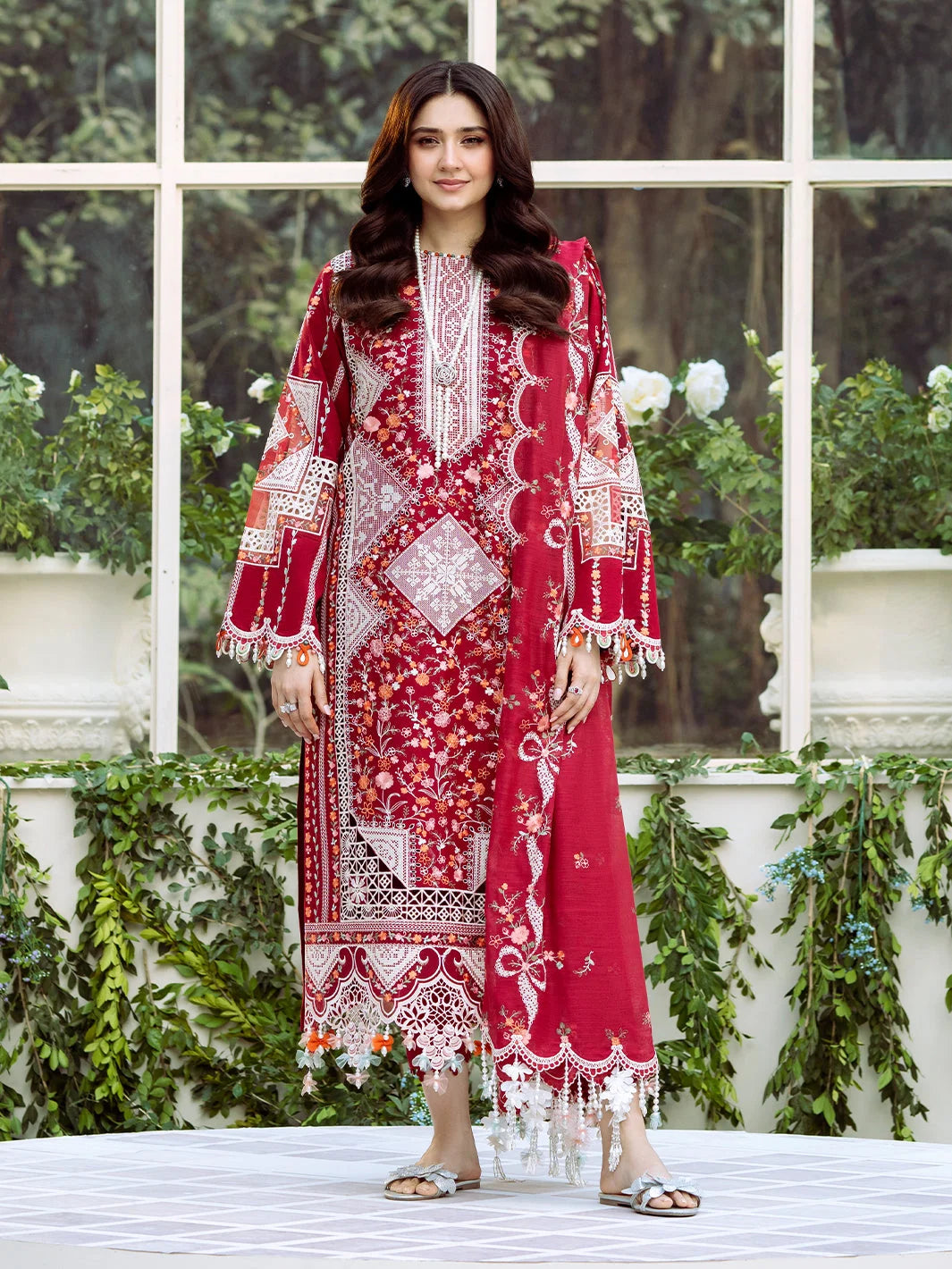 3-Piece Embroidered Lawn Dress with Khadi net Dupatta
