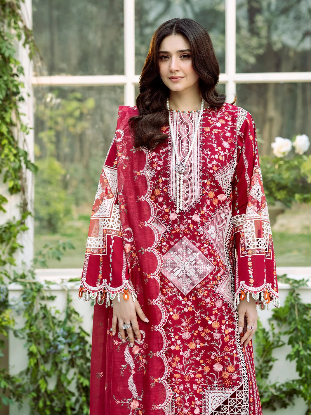 3-Piece Embroidered Lawn Dress with Khadi net Dupatta