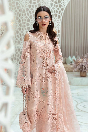 3-Piece Embroidered Lawn Dress in Peach Color with Printed Sahfoon Dupatta