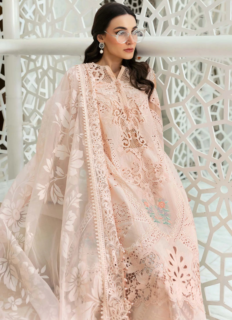 3-Piece Embroidered Lawn Dress in Peach Color with Printed Sahfoon Dupatta