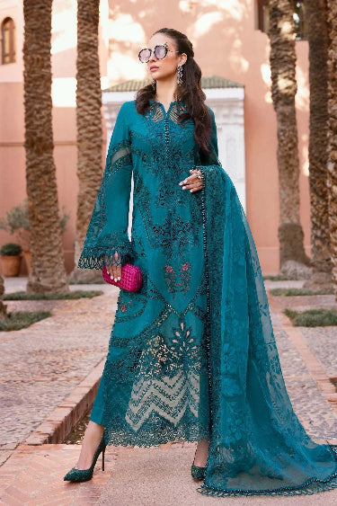 3-Piece Embroidered Lawn Dress in Deap Sea Blue Color with Printed Sahfoon Dupatta