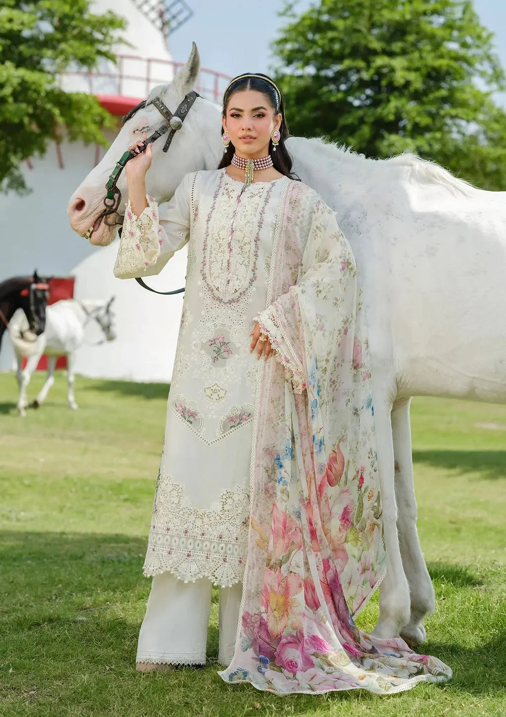 Off White Color Lawn Embroidered Dress with Embroidered Sleeves, Printed Chiffon Dupatta | Summer Specials