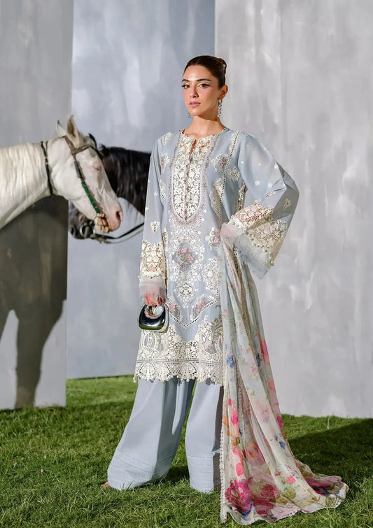 Gray Color Embroidered Lawn Dress with Premium Printed Chiffon Dupatta