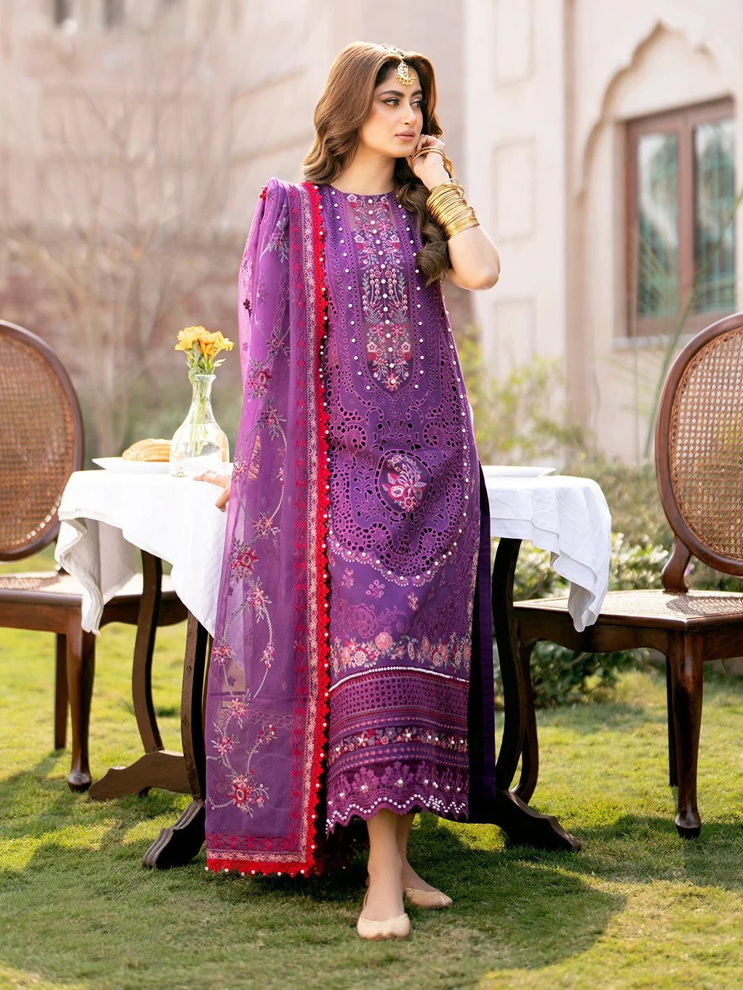 3-Piece Embroidered Lawn Dress in Deep Plum Color with Khadi net Dupatta
