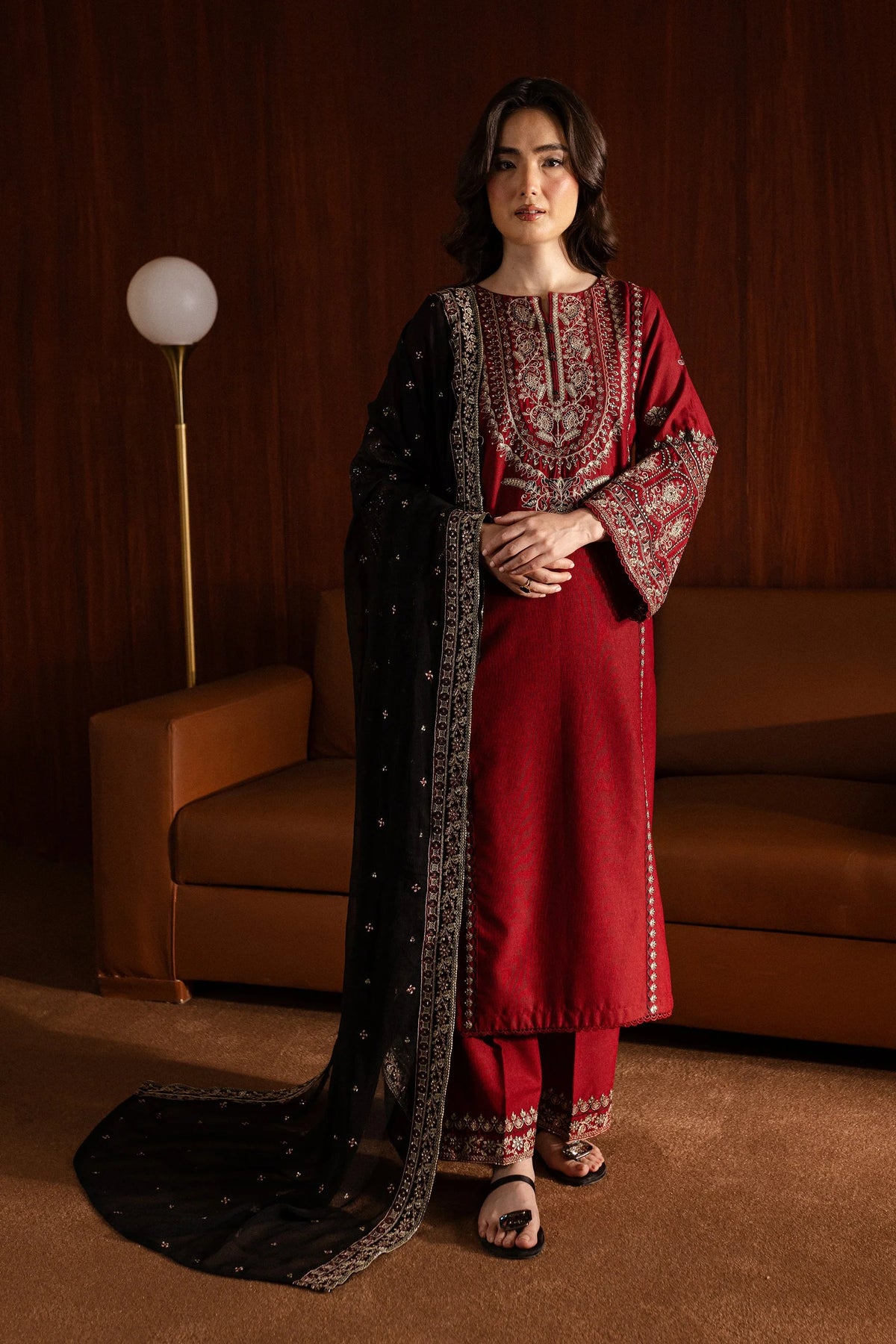 3-Piece Embroidered Lawn Dress with Premium Chiffon Dupatta | Rich Maroon Color
