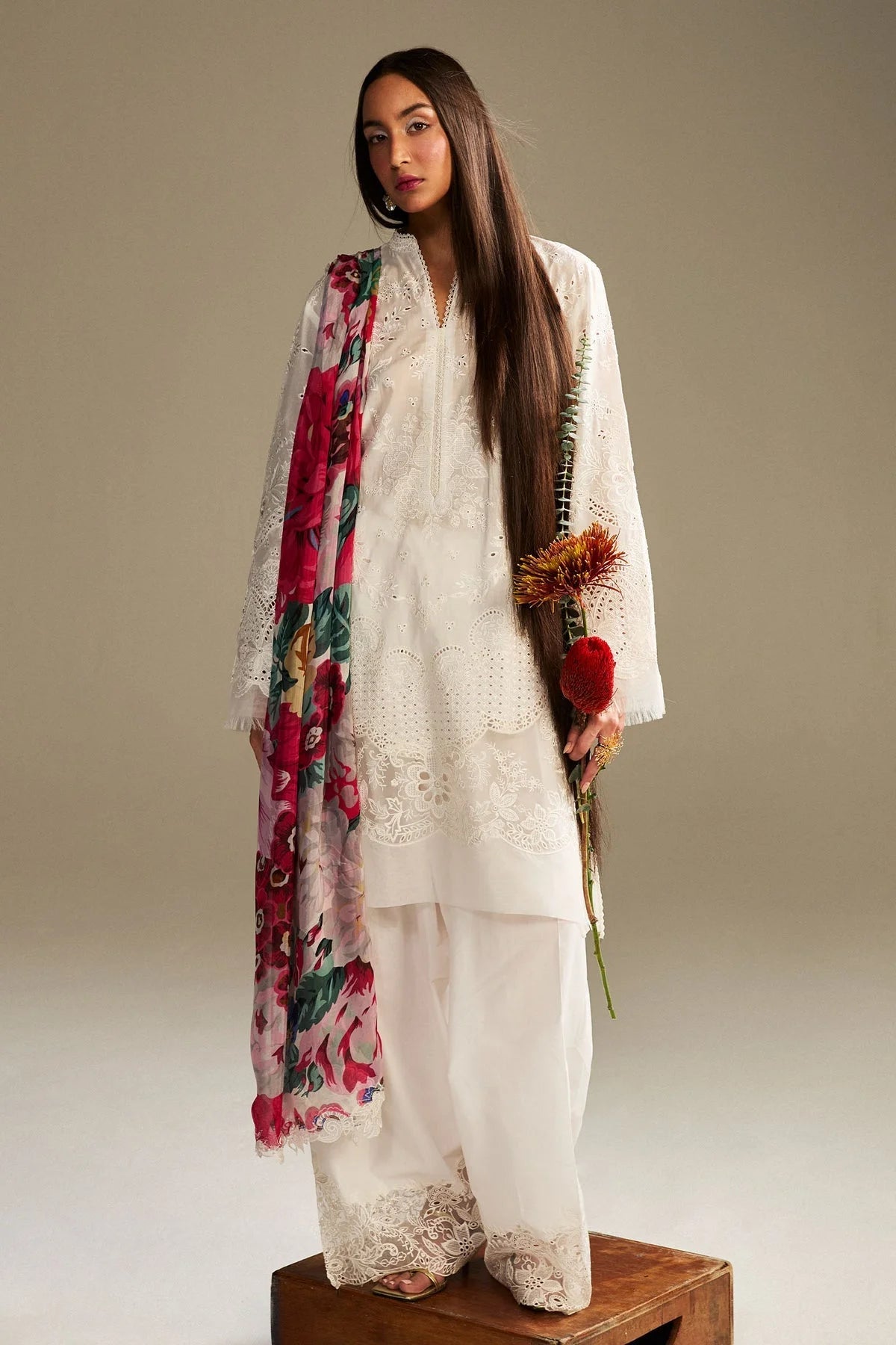 3-Piece Embroidered Lawn White Dress with Bamber Chiffon Dupatta