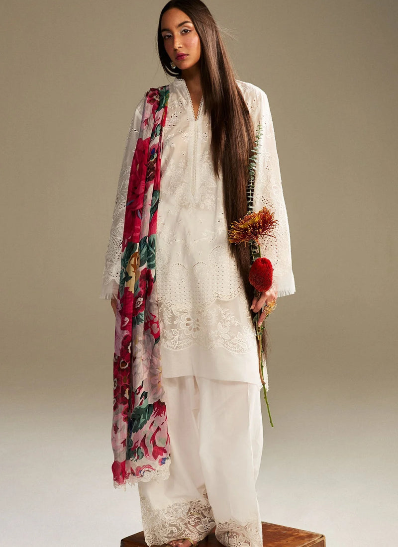 3-Piece Embroidered Lawn White Dress with Bamber Chiffon Dupatta