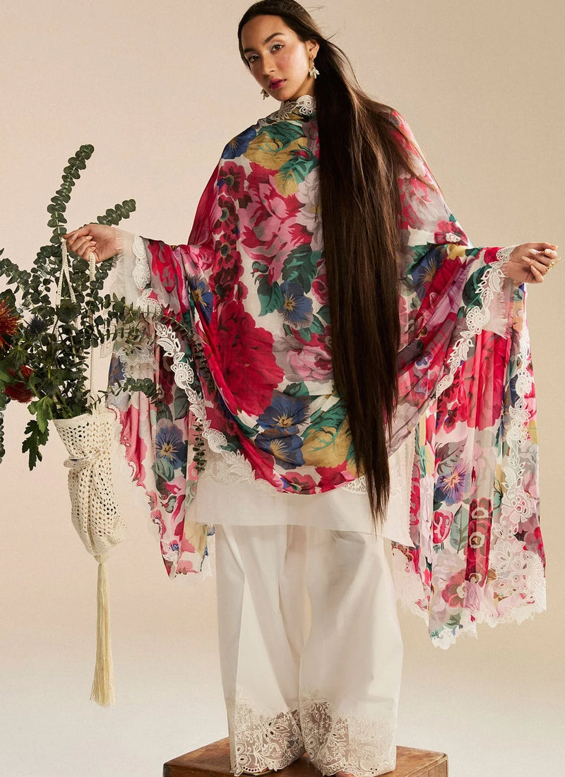 3-Piece Embroidered Lawn White Dress with Bamber Chiffon Dupatta