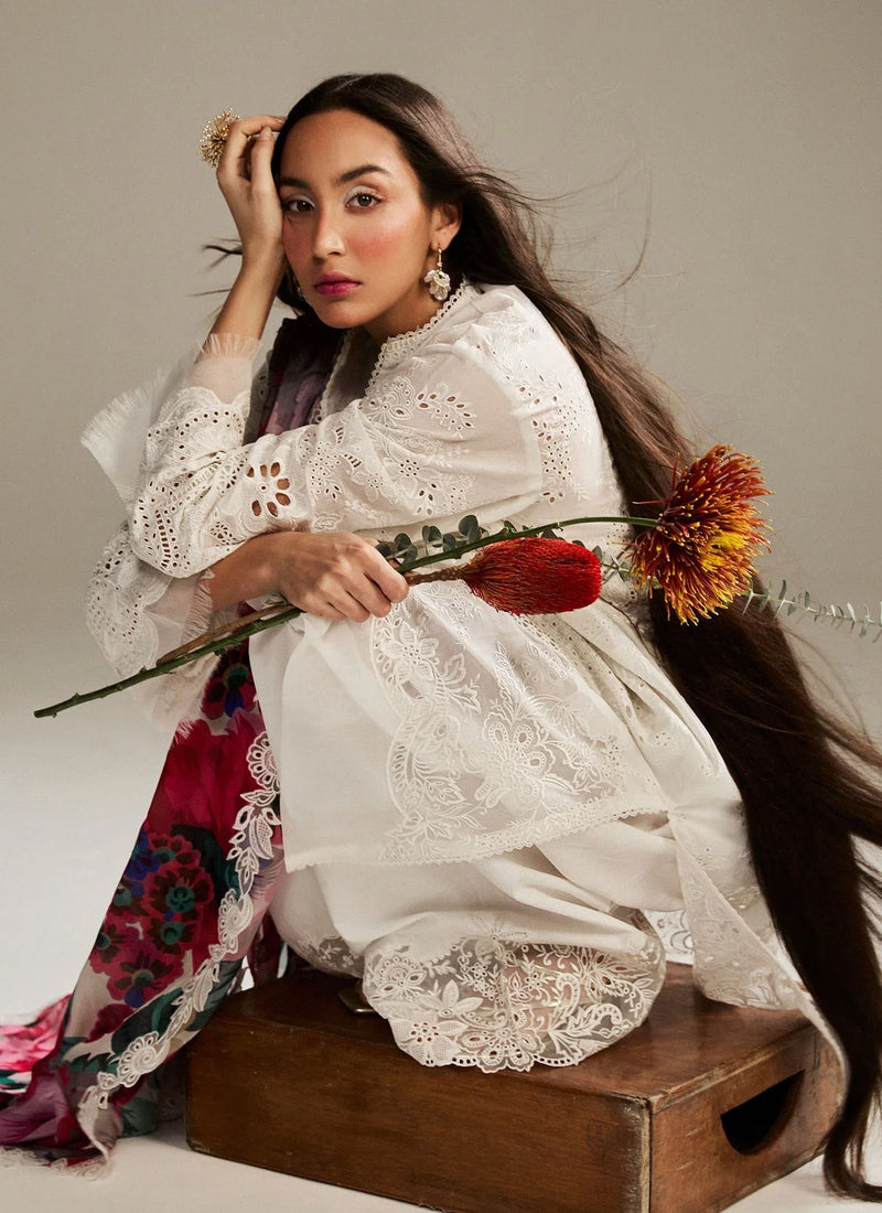 3-Piece Embroidered Lawn White Dress with Bamber Chiffon Dupatta