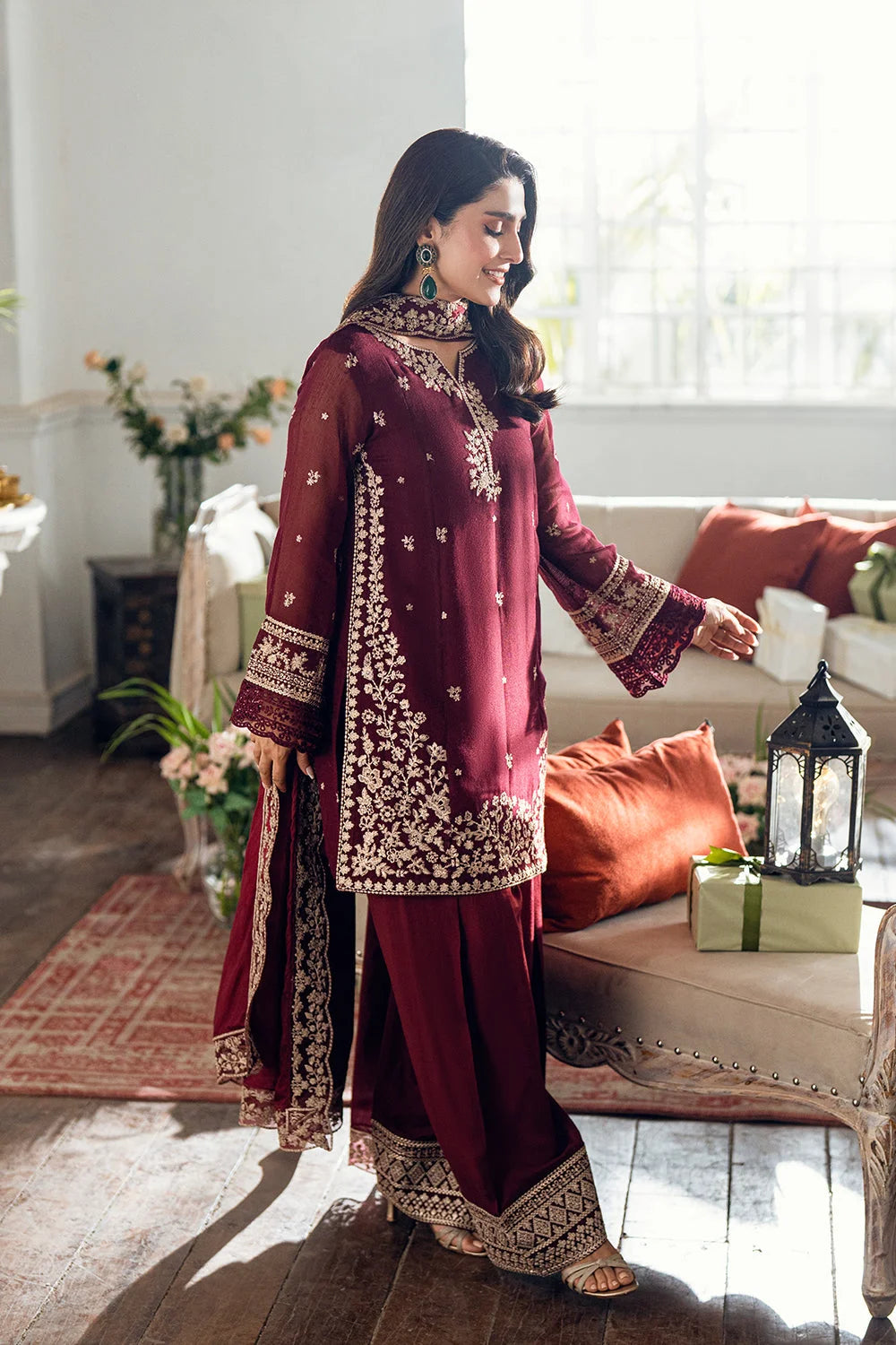 3-Piece Embroidered Lawn Dress Design with Printed Chiffon Dupatta