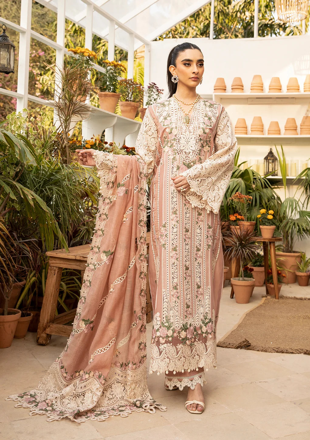 3-Piece Embridered Peach Color Lawn Dress with Khadi net Dupatta