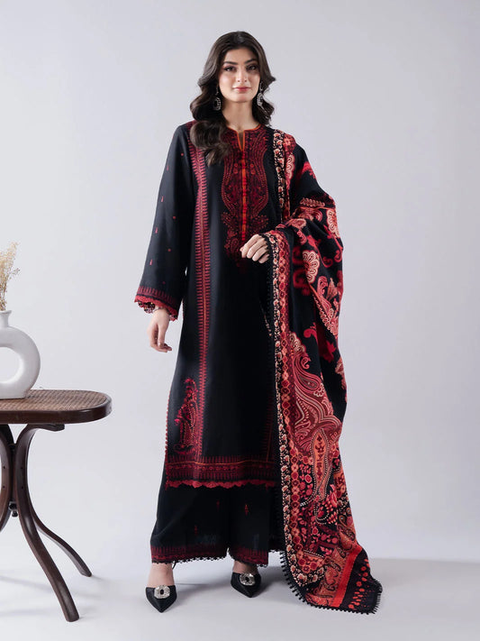 3-Piece Embroidered Lawn Outifit in Black Color with Slub Munaar Dupatta