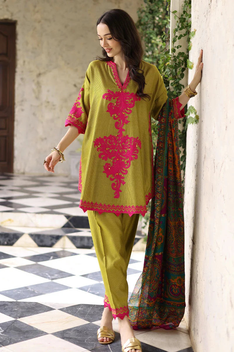 Leafy Green Embroidered Lawn Outift with Printed Chiffon Dupatta | 3-Piece
