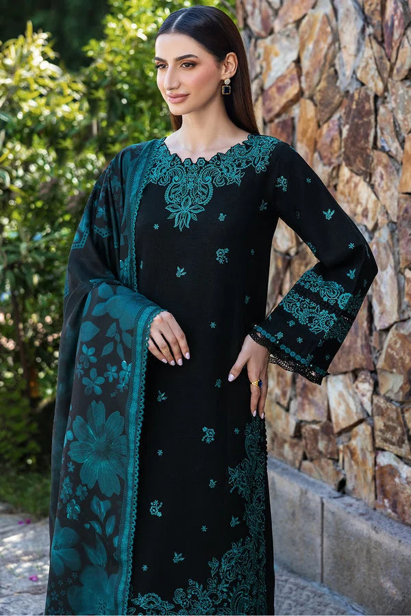 3-Piece Black Embroidered Lawn Dress Design with Chiffon Printed Dupatta