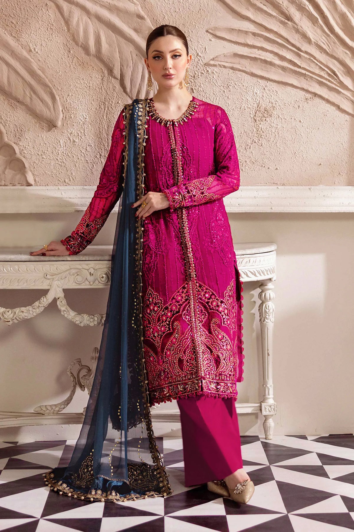 3-Piece Embroidered Lawn Outfit in Shoking Pink Color with Khadi net Dupatta