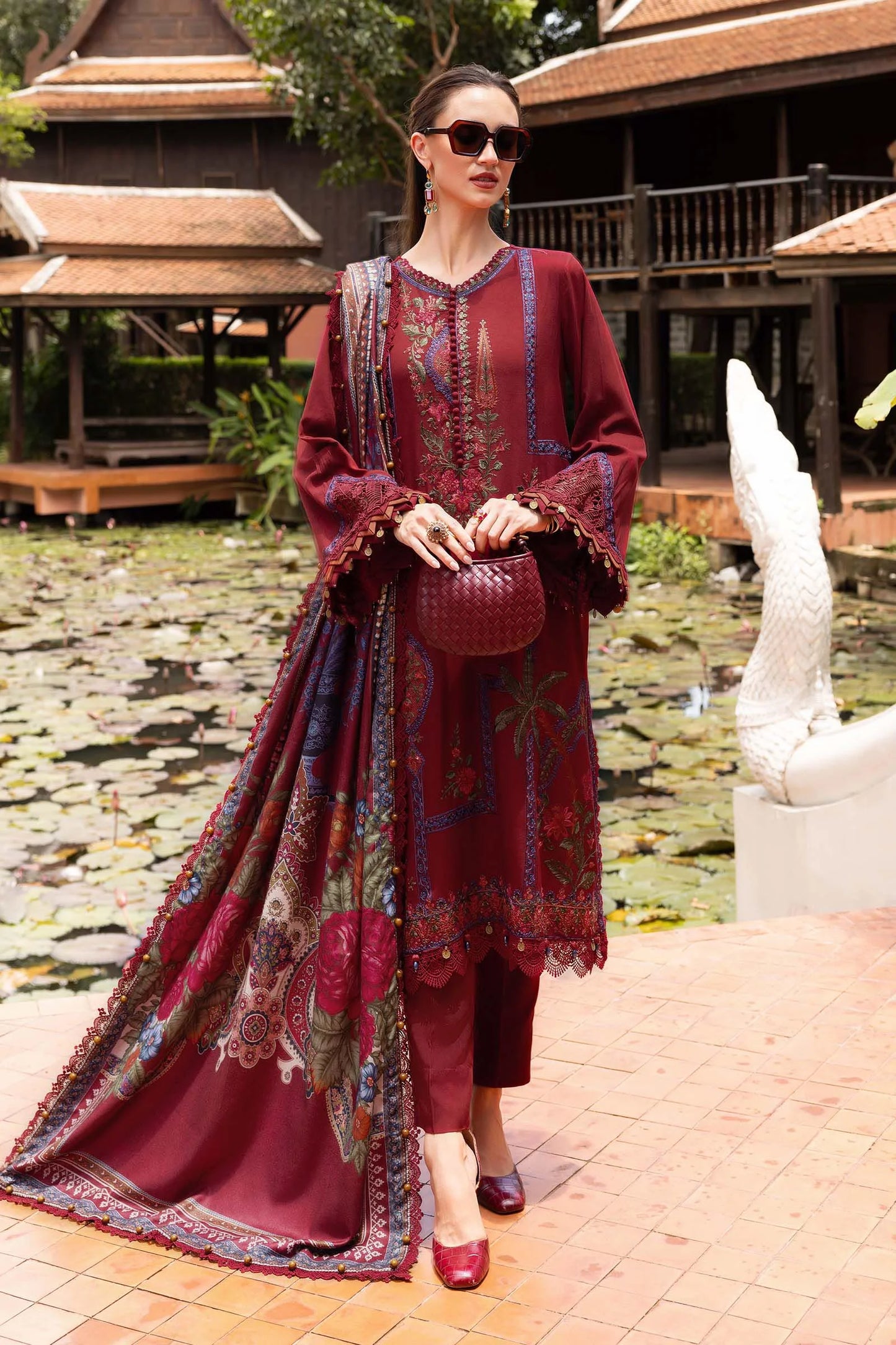 Embroidered Lawn Dress in Rich Dark Maroon color for women's summer clothing 