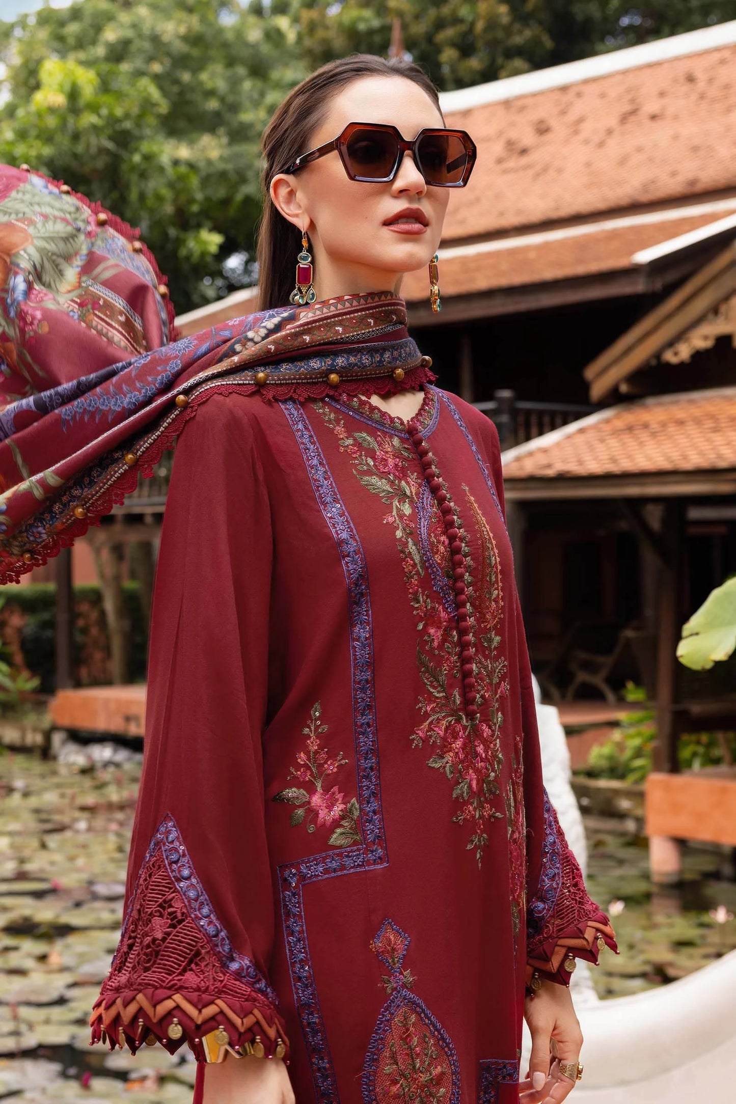 Embroidered Lawn Dress in Rich Dark Maroon color for women's summer clothing 