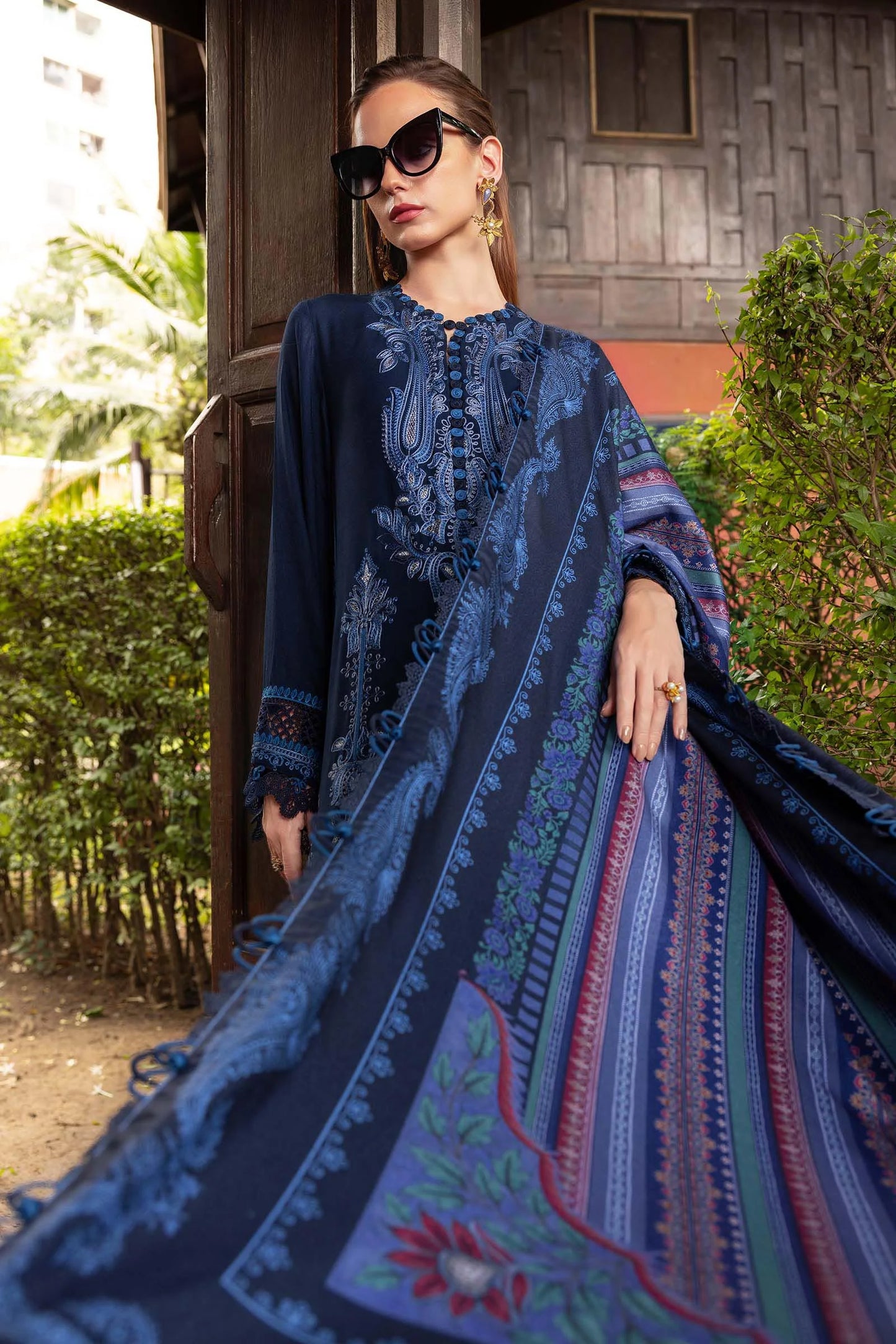 3-Piece Embroidered Deep Blue Lawn Dress with Slub Munaar Dupatta