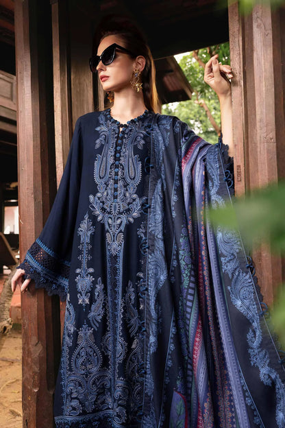 3-Piece Embroidered Deep Blue Lawn Dress with Slub Munaar Dupatta