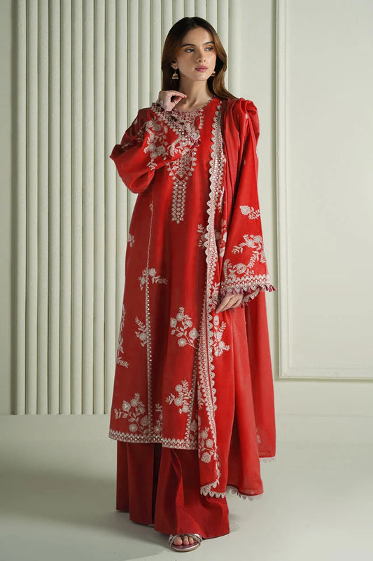 3-Piece Embroidered Red Dress with Printed Chiffon Dupatta