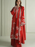 3-Piece Embroidered Red Dress with Printed Chiffon Dupatta