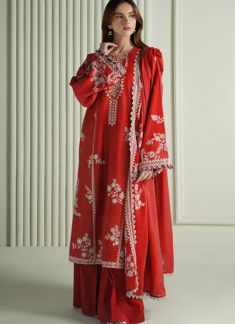 3-Piece Embroidered Red Dress with Printed Chiffon Dupatta