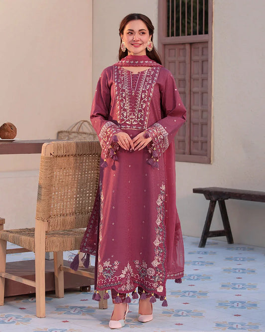 3-Piece Embroidered Dress with Printed Chiffon Dupatta