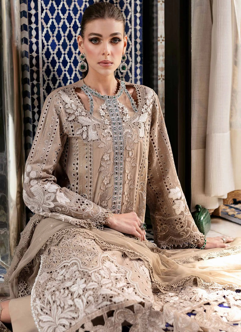 3-Piece Embroidered Brown Earth Tone Lawn Outfit with Premium Chiffon Dupatta