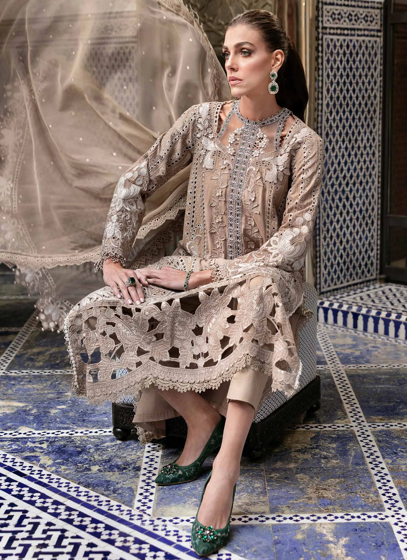 3-Piece Embroidered Brown Earth Tone Lawn Outfit with Premium Chiffon Dupatta