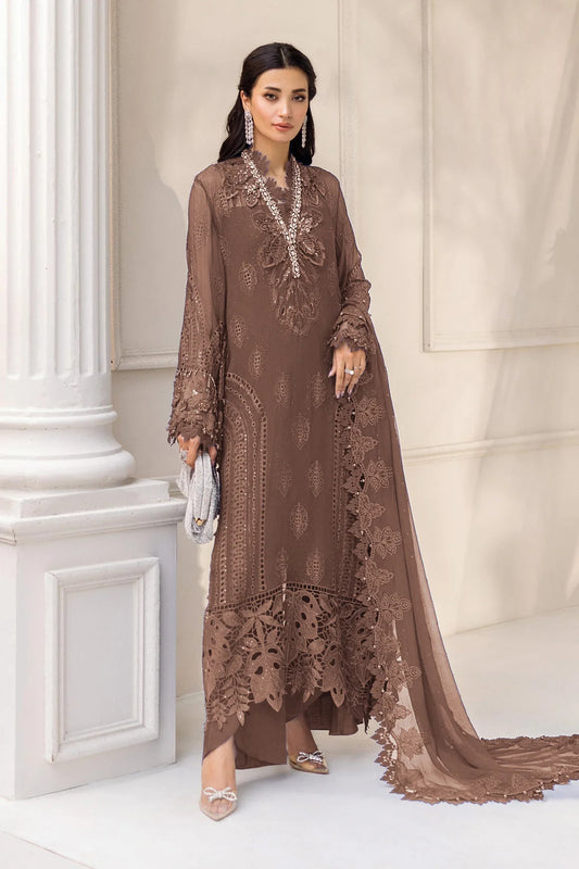 3-Piece Embroidered Lawn Outfit in Brown Color | Printed Chiffon Dupatta