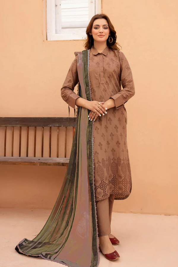 PREMIUM CHIKANAKARI LAWN | UNSTITCH | 3PC | SI - F - 6014 - LIGHT BROWN