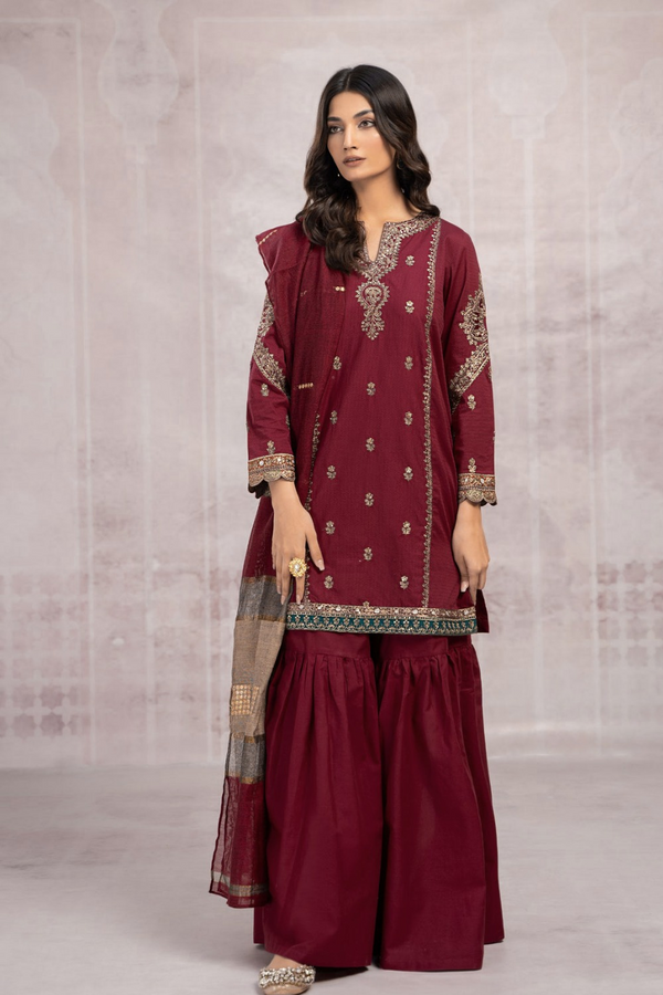 MARIA B | DHANAK | EMBROIDERED | Unstitch | 3PC | SI - F - 121 - MAROON