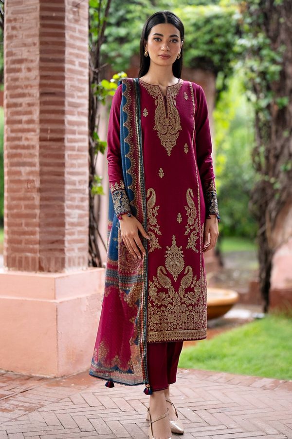JAZMIN | DHANAK | Embroidery | Unstitch | 3PC | SI - F - 122 - Maroon