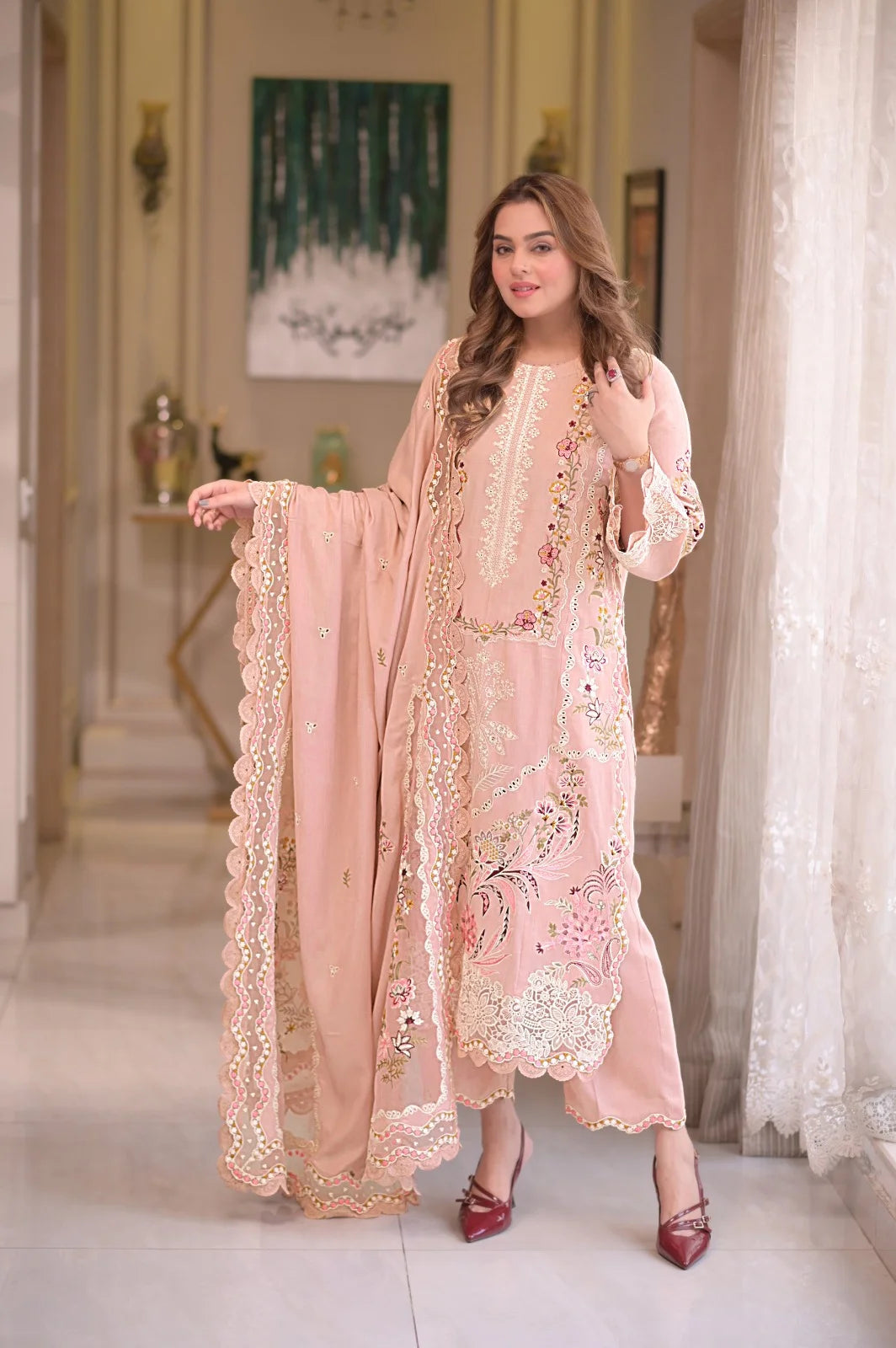 3-Piece Embroidered Lawn Outfit with Khadi net Dupatta