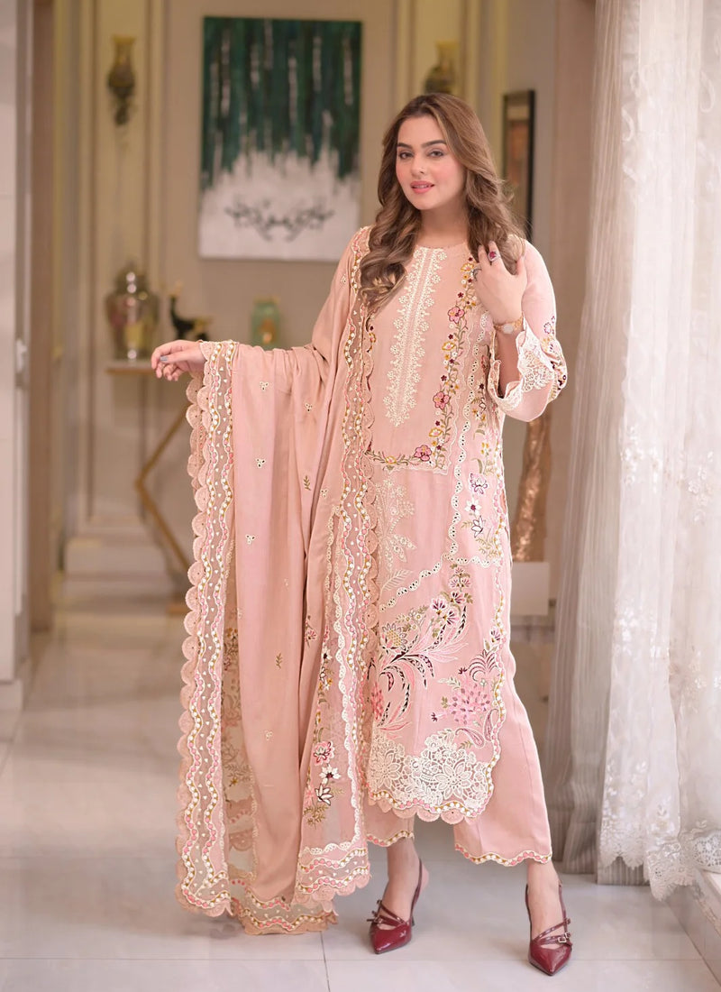3-Piece Embroidered Lawn Outfit with Khadi net Dupatta